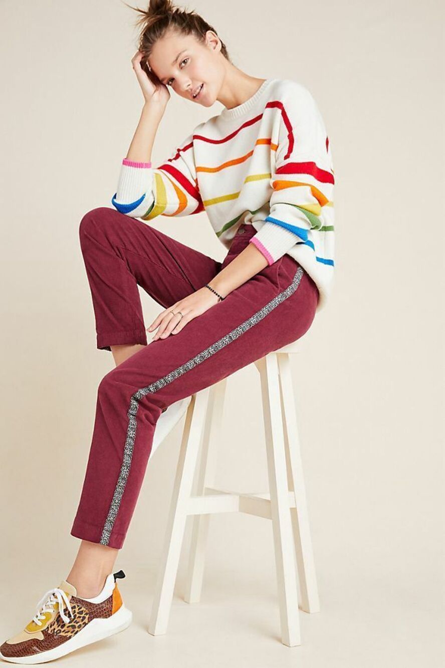 Anthropologie Sundry Leopard Striped Corduroy Pants In Cranberry / Burgundy 26